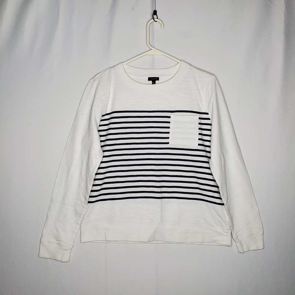 Talbots Top Women Medium Nautical‎ White Black Stripe Preppy Cotton Fleece